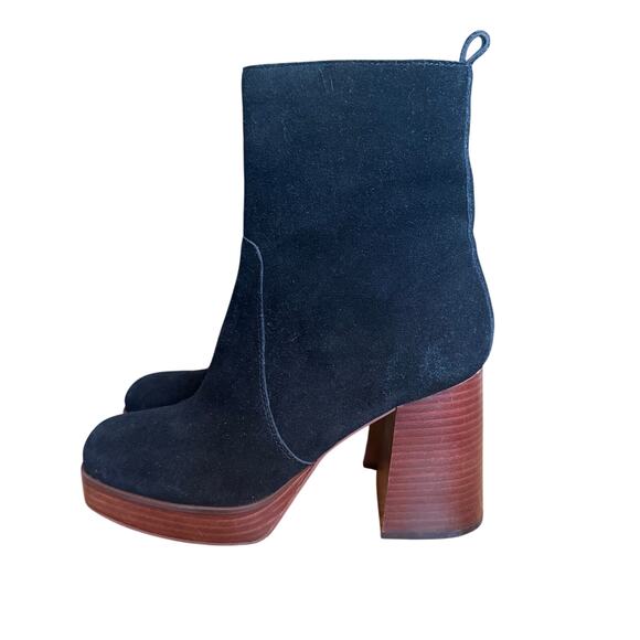 Marc Fisher Marisa Black Suede Chunky Wood Platform Block Heeled Bootie Boot 8.5
